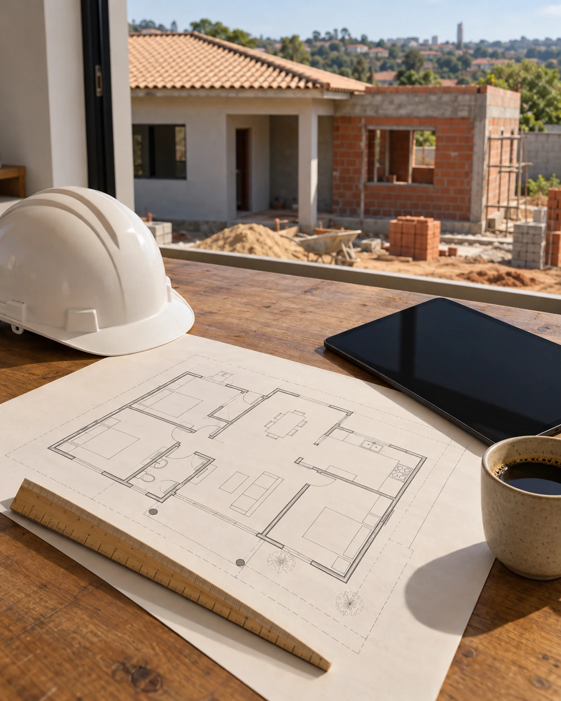 Mesa de engenheiro com planta de uma casa, capacete de obra e, ao fundo, uma casa em ampliação