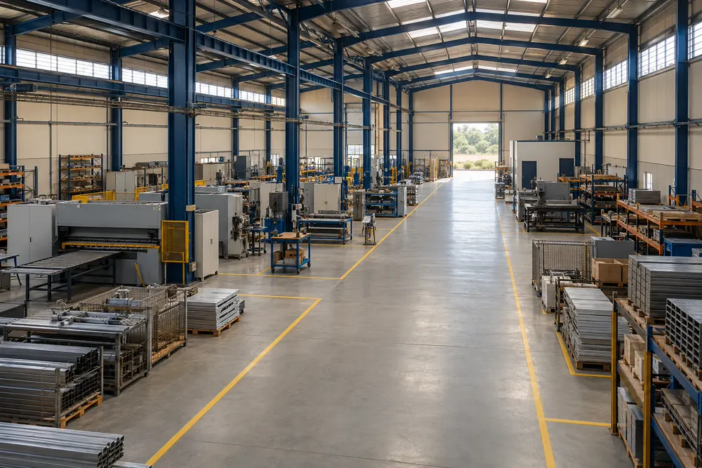 Galpão industrial organizado, com corredores demarcados no piso