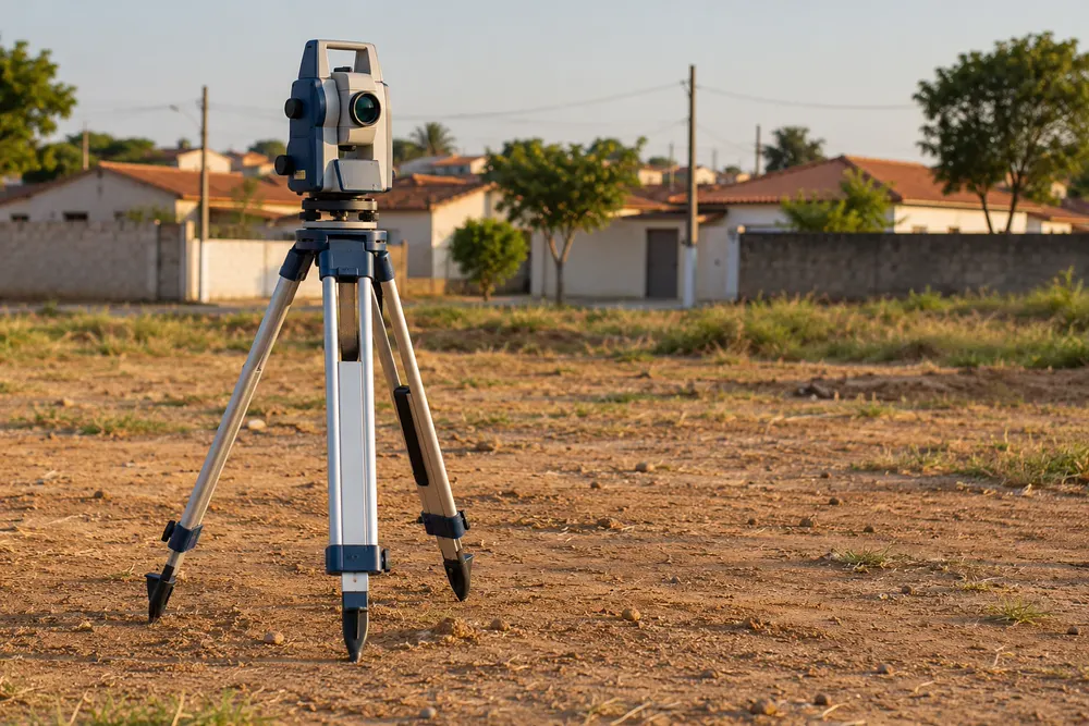 Estação total de topografia sobre tripé em um terreno, com casas ao fundo